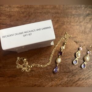Avon Decadent Delight Gold Tone Purple and Pearl Bezel Jewelry Set